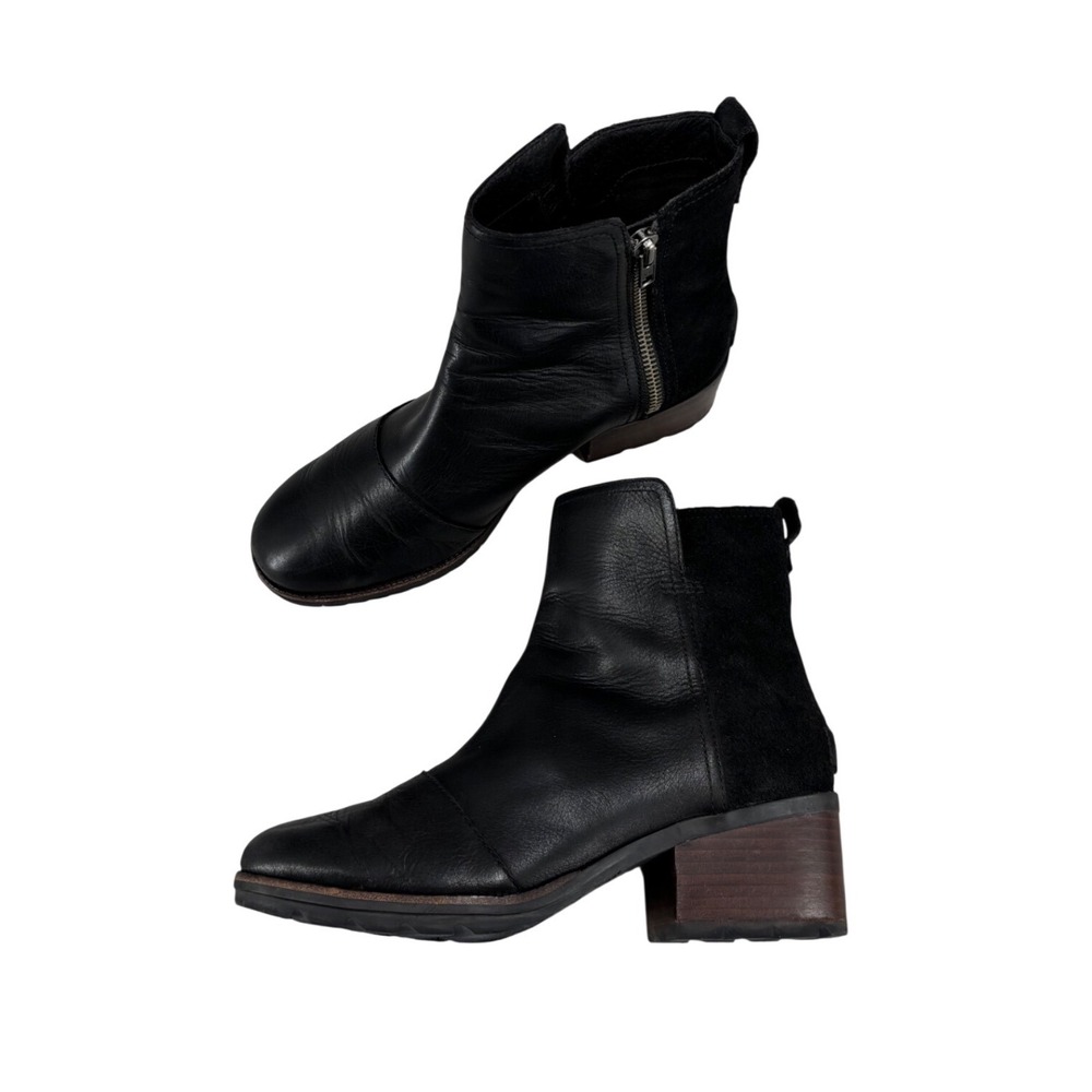 Sorel Cate Boots Black Leather Suede Ankle Bootie Stacked Block Heel Size 9